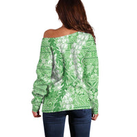 Green Puakenikeni and Maile Lei Off Shoulder Sweater Hawaiian Style Tribal Tapa Double Strand Lei