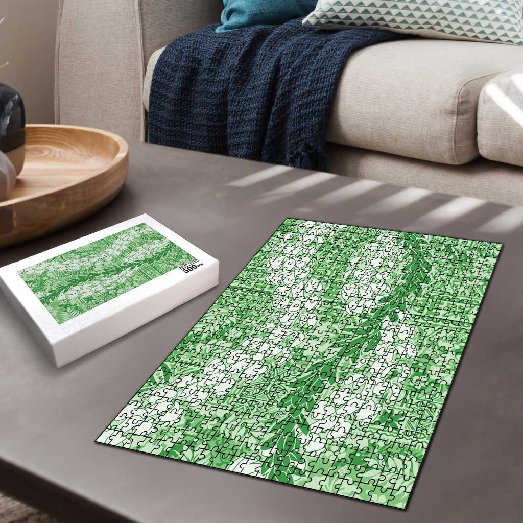 Green Puakenikeni and Maile Lei Puzzle Hawaiian Style Tribal Tapa Double Strand Lei - Polynesian Pride