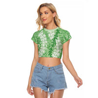 Green Puakenikeni and Maile Lei Raglan Cropped T Shirt Hawaiian Style Tribal Tapa Double Strand Lei LT9 Female Green - Polynesian Pride
