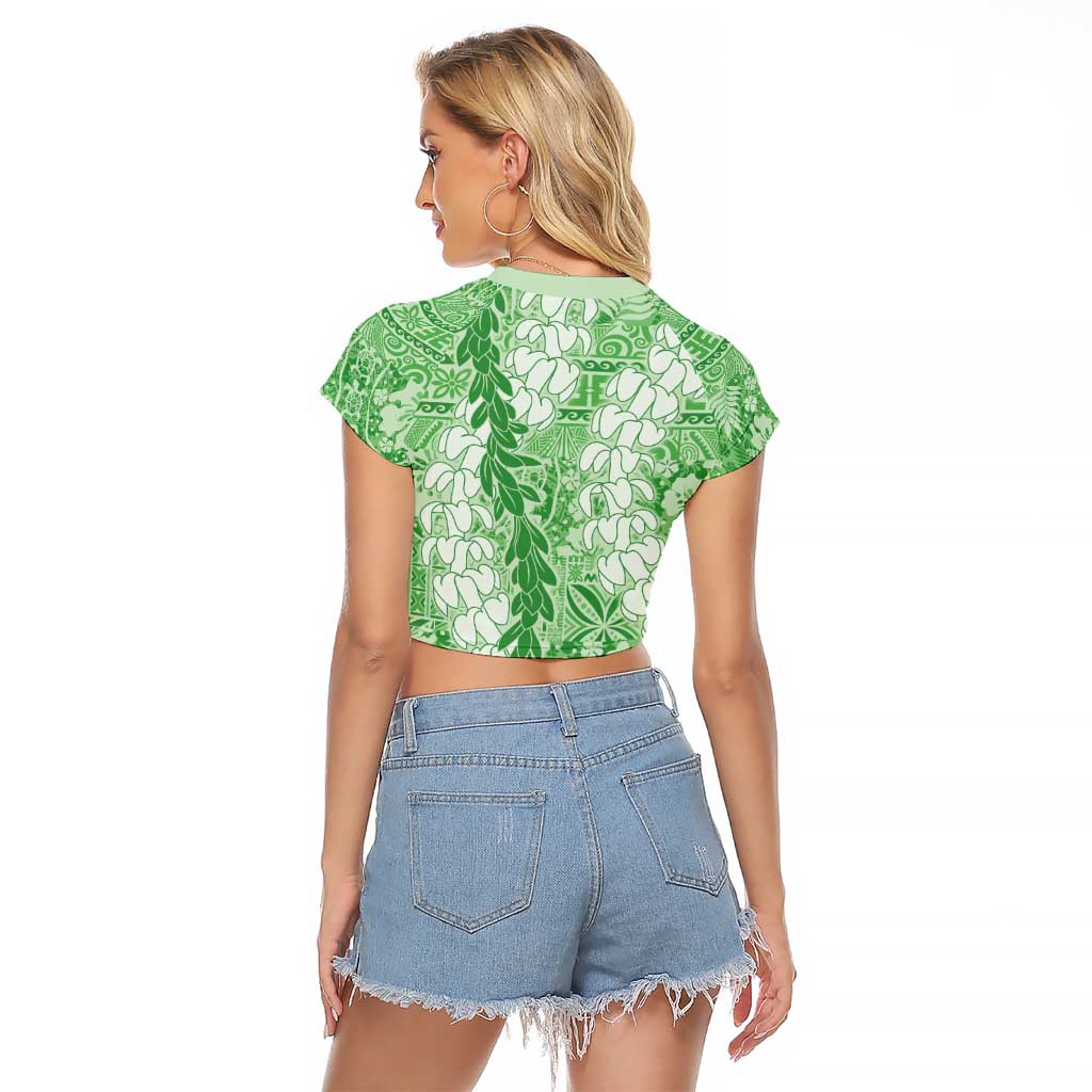 Green Puakenikeni and Maile Lei Raglan Cropped T Shirt Hawaiian Style Tribal Tapa Double Strand Lei LT9 - Polynesian Pride