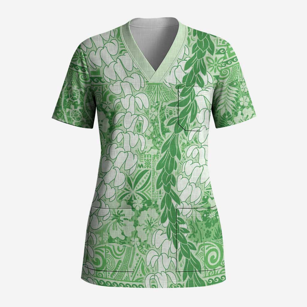 Green Puakenikeni and Maile Lei Scrub Top Hawaiian Style Tribal Tapa Double Strand Lei - Polynesian Pride