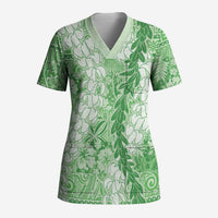 Green Puakenikeni and Maile Lei Scrub Top Hawaiian Style Tribal Tapa Double Strand Lei - Polynesian Pride