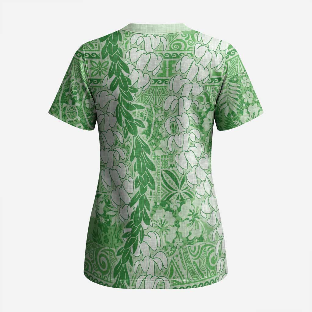 Green Puakenikeni and Maile Lei Scrub Top Hawaiian Style Tribal Tapa Double Strand Lei - Polynesian Pride