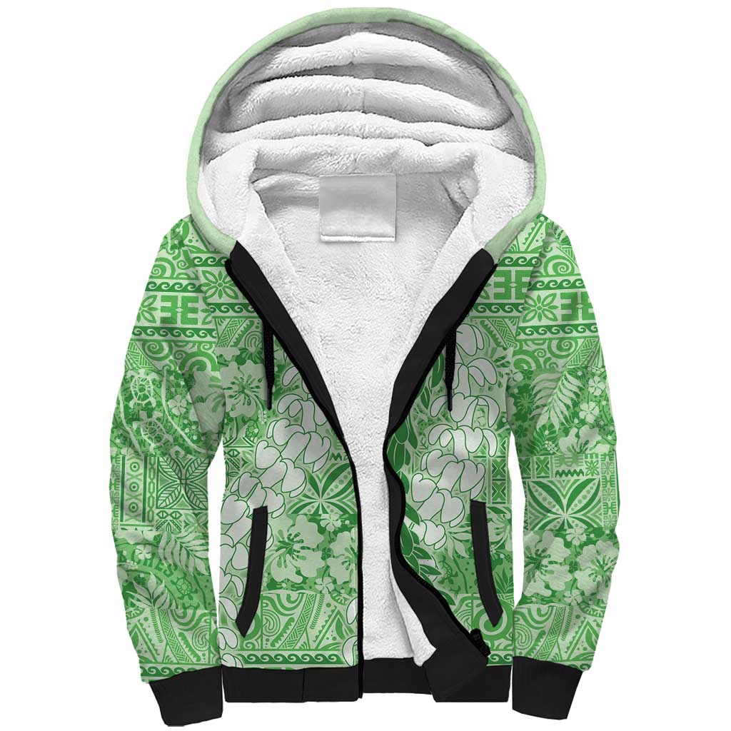 Green Puakenikeni and Maile Lei Sherpa Hoodie Hawaiian Style Tribal Tapa Double Strand Lei