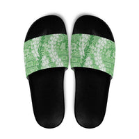 Green Puakenikeni and Maile Lei Slide Sandals Hawaiian Style Tribal Tapa Double Strand Lei - Polynesian Pride