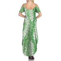 Green Puakenikeni and Maile Lei Summer Maxi Dress Hawaiian Style Tribal Tapa Double Strand Lei