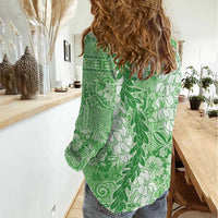 Green Puakenikeni and Maile Lei Women Casual Shirt Hawaiian Style Tribal Tapa Double Strand Lei