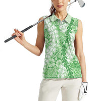 Green Puakenikeni and Maile Lei Women Sleeveless Polo Shirt Hawaiian Style Tribal Tapa Double Strand Lei