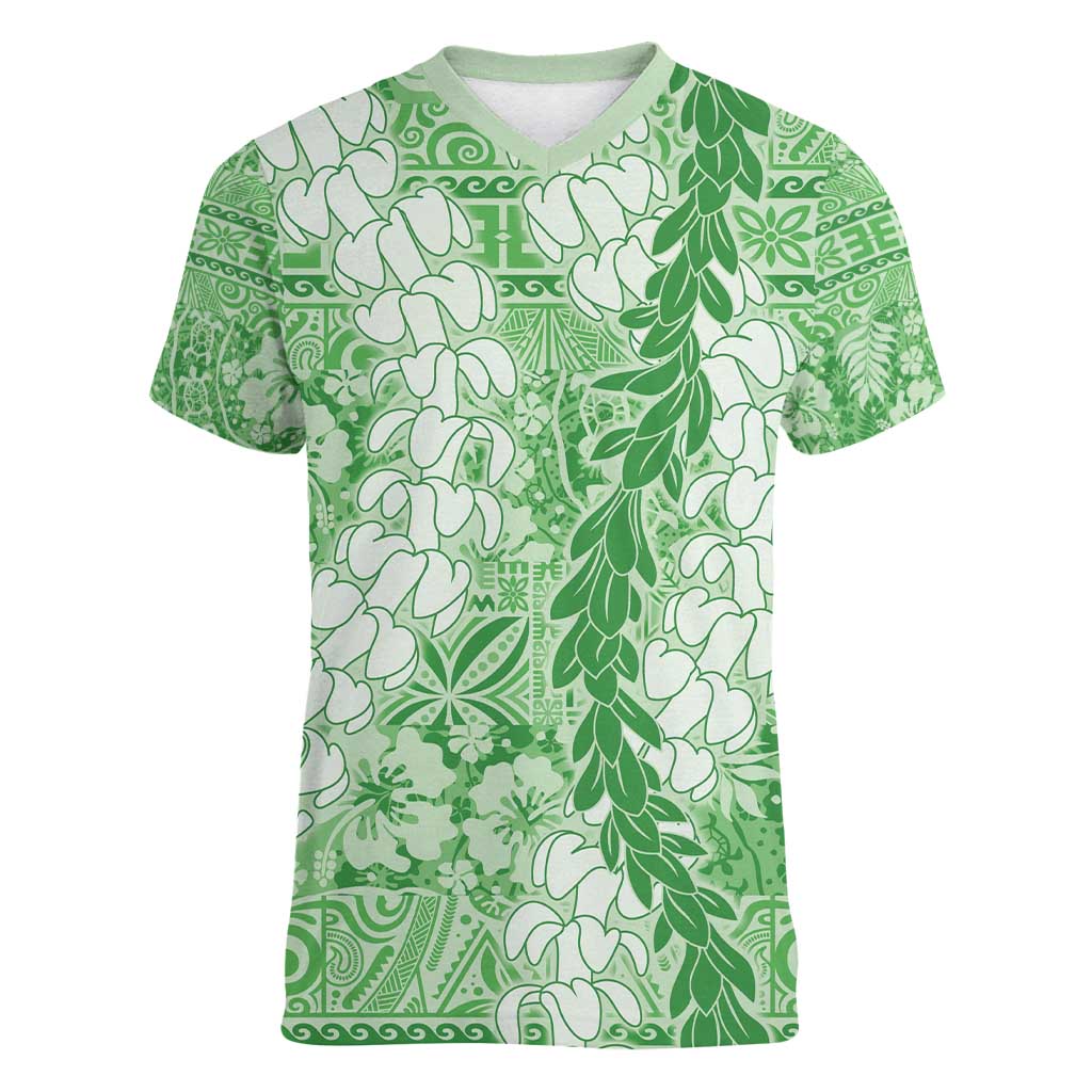 Green Puakenikeni and Maile Lei Women V-Neck T-Shirt Hawaiian Style Tribal Tapa Double Strand Lei LT9 Female Green - Polynesian Pride
