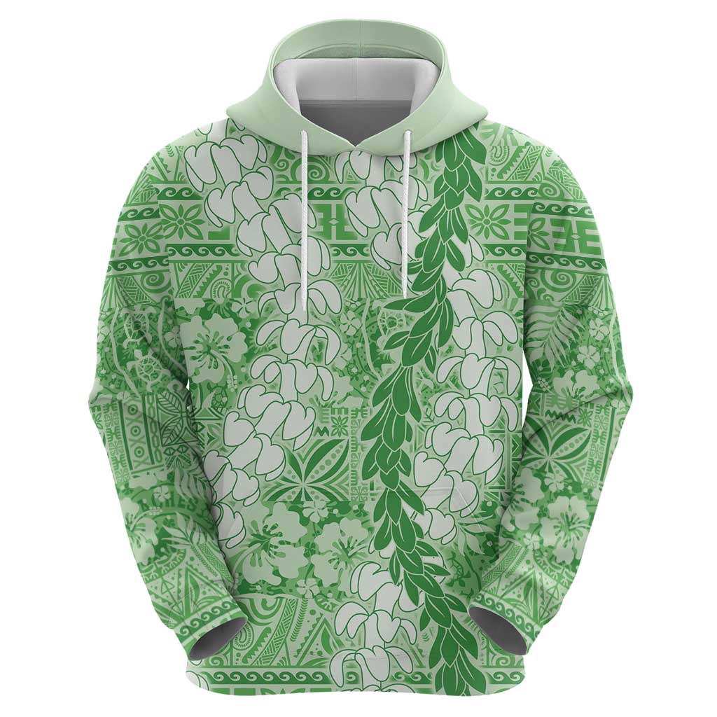 Green Puakenikeni and Maile Lei Zip Hoodie Hawaiian Style Tribal Tapa Double Strand Lei