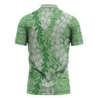 Green Puakenikeni and Maile Lei Zipper Polo Shirt Hawaiian Style Tribal Tapa Double Strand Lei - Polynesian Pride