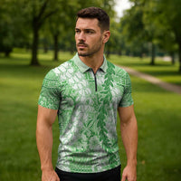 Green Puakenikeni and Maile Lei Zipper Polo Shirt Hawaiian Style Tribal Tapa Double Strand Lei - Polynesian Pride