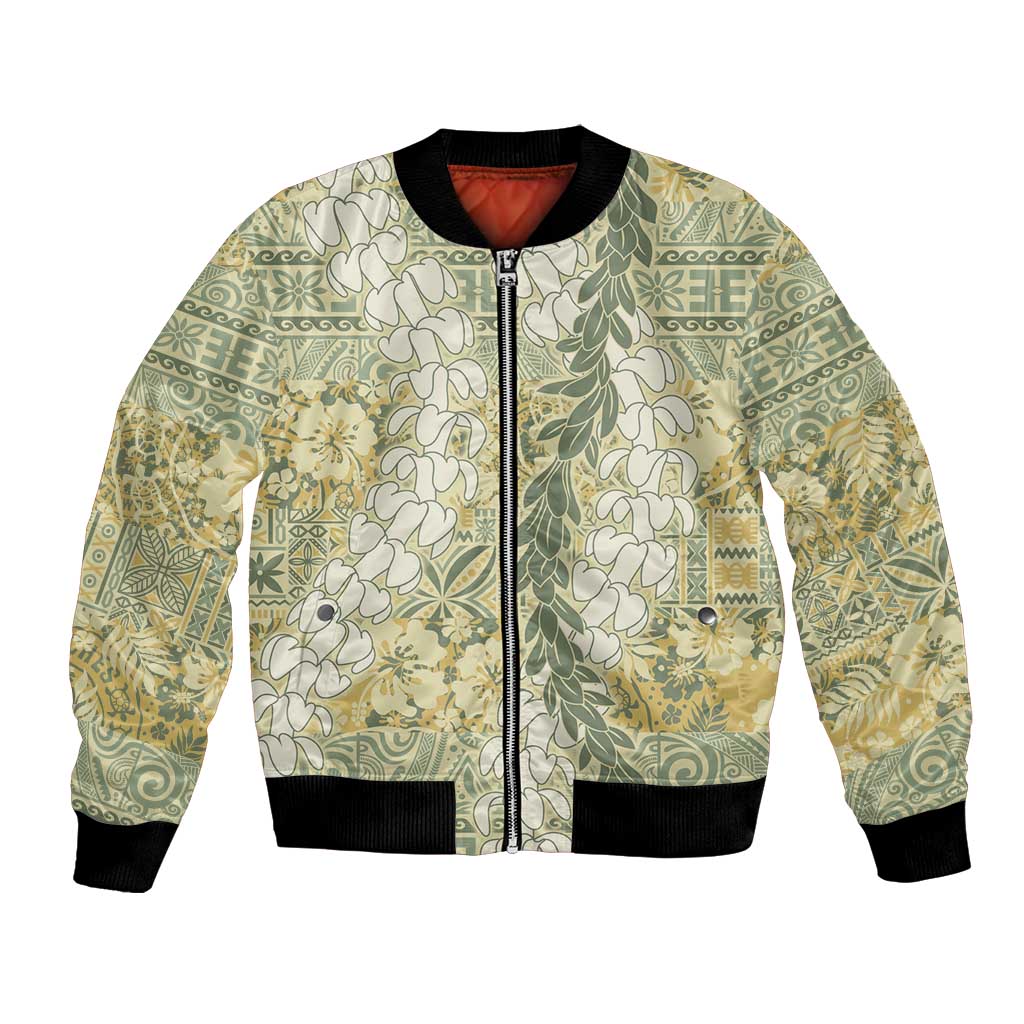 Vintage Puakenikeni and Maile Lei Bomber Jacket Hawaiian Style Tribal Tapa Double Strand Lei
