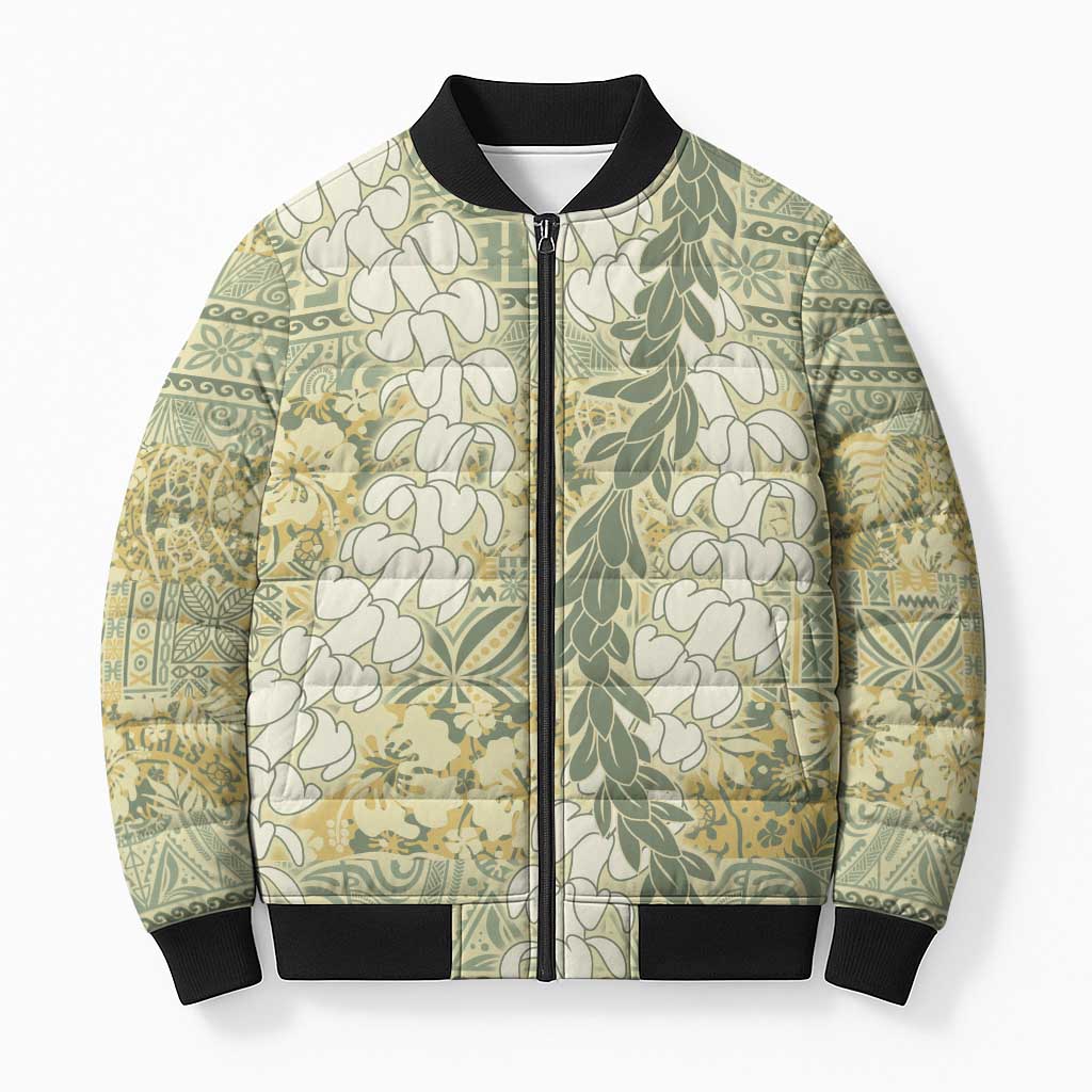 Vintage Puakenikeni and Maile Lei Bomber Puffer Jacket Hawaiian Style Tribal Tapa Double Strand Lei - Polynesian Pride