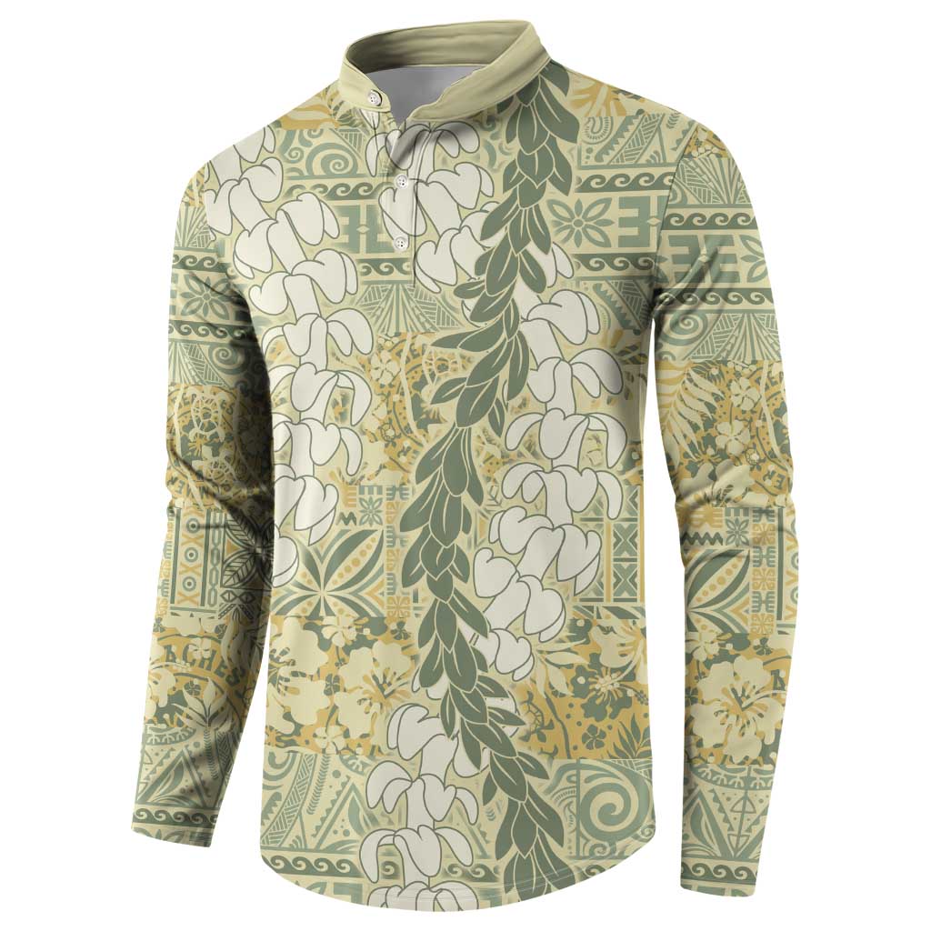 Vintage Puakenikeni and Maile Lei Button Sweatshirt Hawaiian Style Tribal Tapa Double Strand Lei