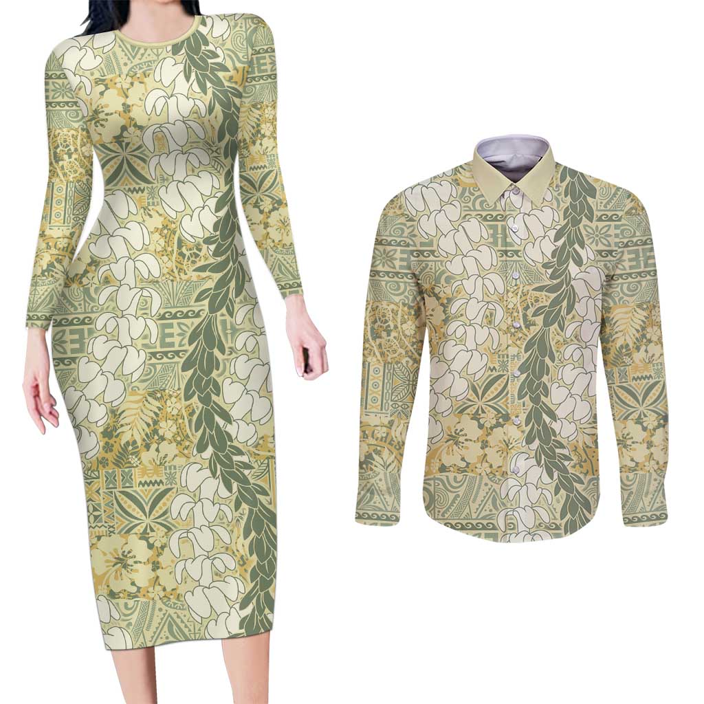 Vintage Puakenikeni and Maile Lei Couples Matching Long Sleeve Bodycon Dress and Long Sleeve Button Shirt Hawaiian Style Tribal Tapa Double Strand Lei