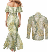 Vintage Puakenikeni and Maile Lei Couples Matching Mermaid Dress and Long Sleeve Button Shirt Hawaiian Style Tribal Tapa Double Strand Lei