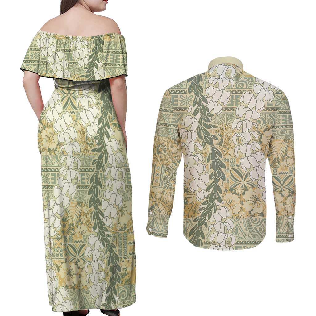 Vintage Puakenikeni and Maile Lei Couples Matching Off Shoulder Maxi Dress and Long Sleeve Button Shirt Hawaiian Style Tribal Tapa Double Strand Lei