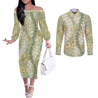 Vintage Puakenikeni and Maile Lei Couples Matching Off The Shoulder Long Sleeve Dress and Long Sleeve Button Shirt Hawaiian Style Tribal Tapa Double Strand Lei