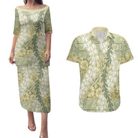 Vintage Puakenikeni and Maile Lei Couples Matching Puletasi and Hawaiian Shirt Hawaiian Style Tribal Tapa Double Strand Lei