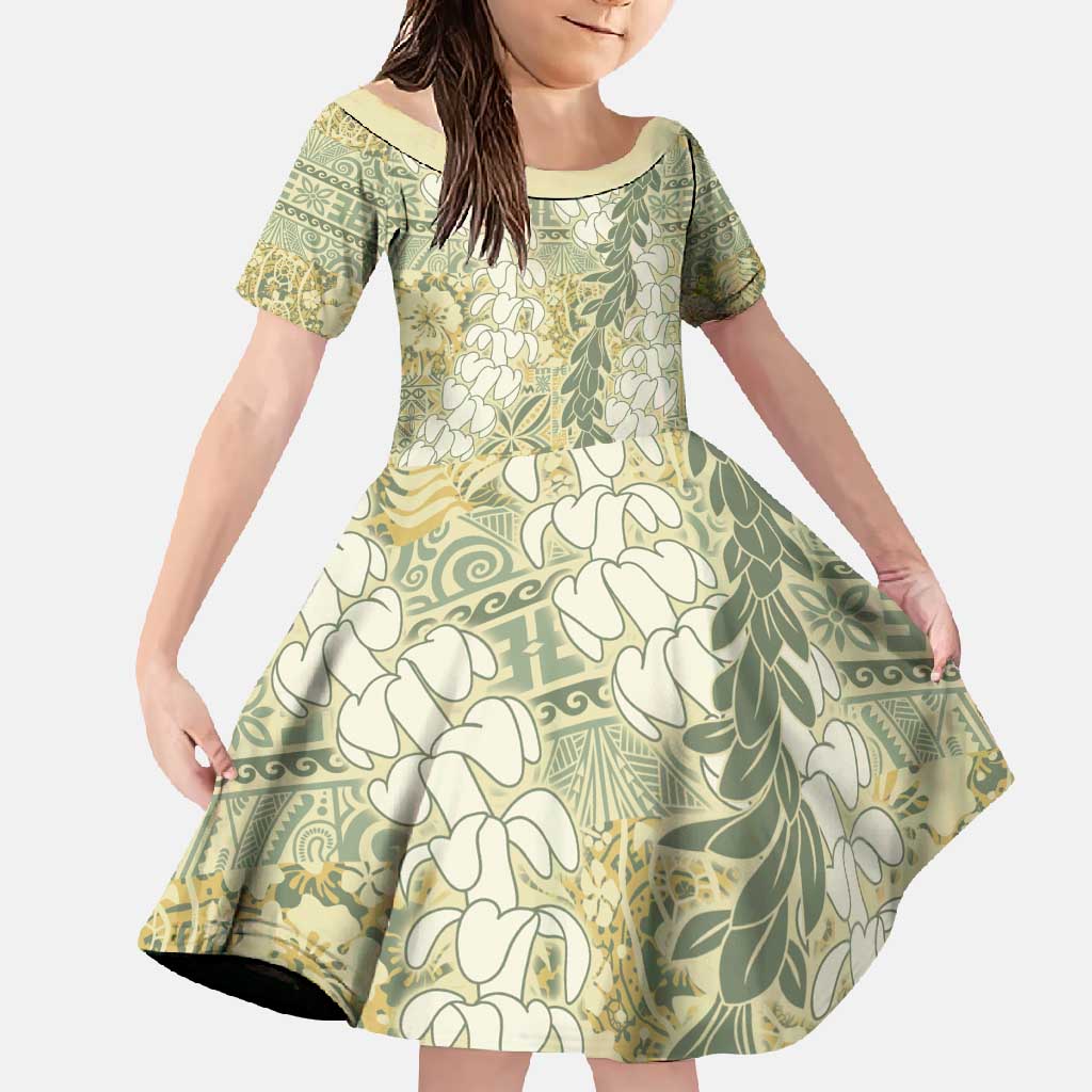 Vintage Puakenikeni and Maile Lei Family Matching Long Sleeve Bodycon Dress and Hawaiian Shirt Hawaiian Style Tribal Tapa Double Strand Lei