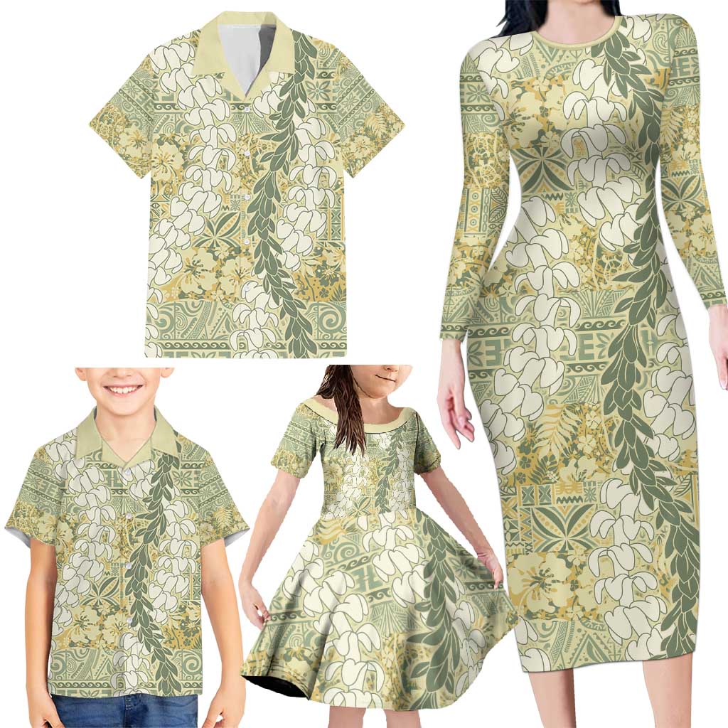 Vintage Puakenikeni and Maile Lei Family Matching Long Sleeve Bodycon Dress and Hawaiian Shirt Hawaiian Style Tribal Tapa Double Strand Lei