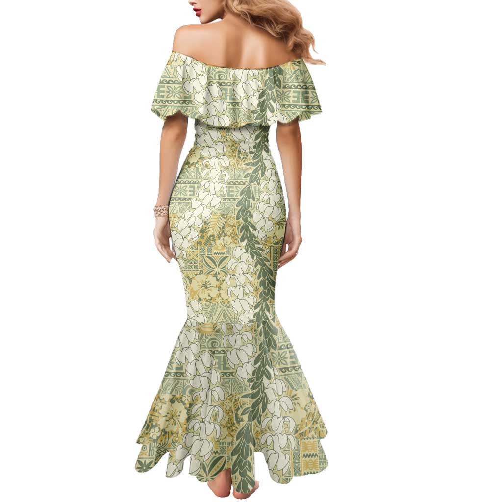 Vintage Puakenikeni and Maile Lei Family Matching Mermaid Dress and Hawaiian Shirt Hawaiian Style Tribal Tapa Double Strand Lei