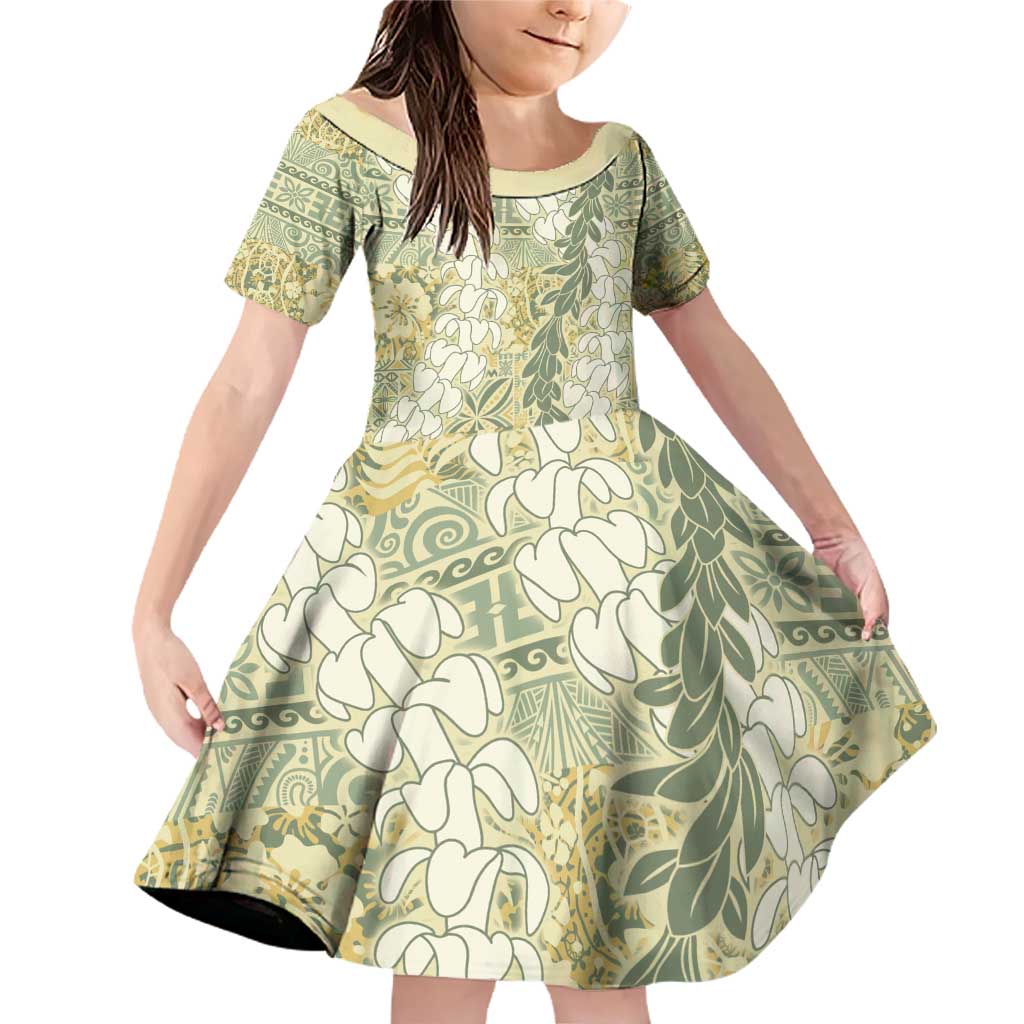 Vintage Puakenikeni and Maile Lei Family Matching Off Shoulder Short Dress and Hawaiian Shirt Hawaiian Style Tribal Tapa Double Strand Lei