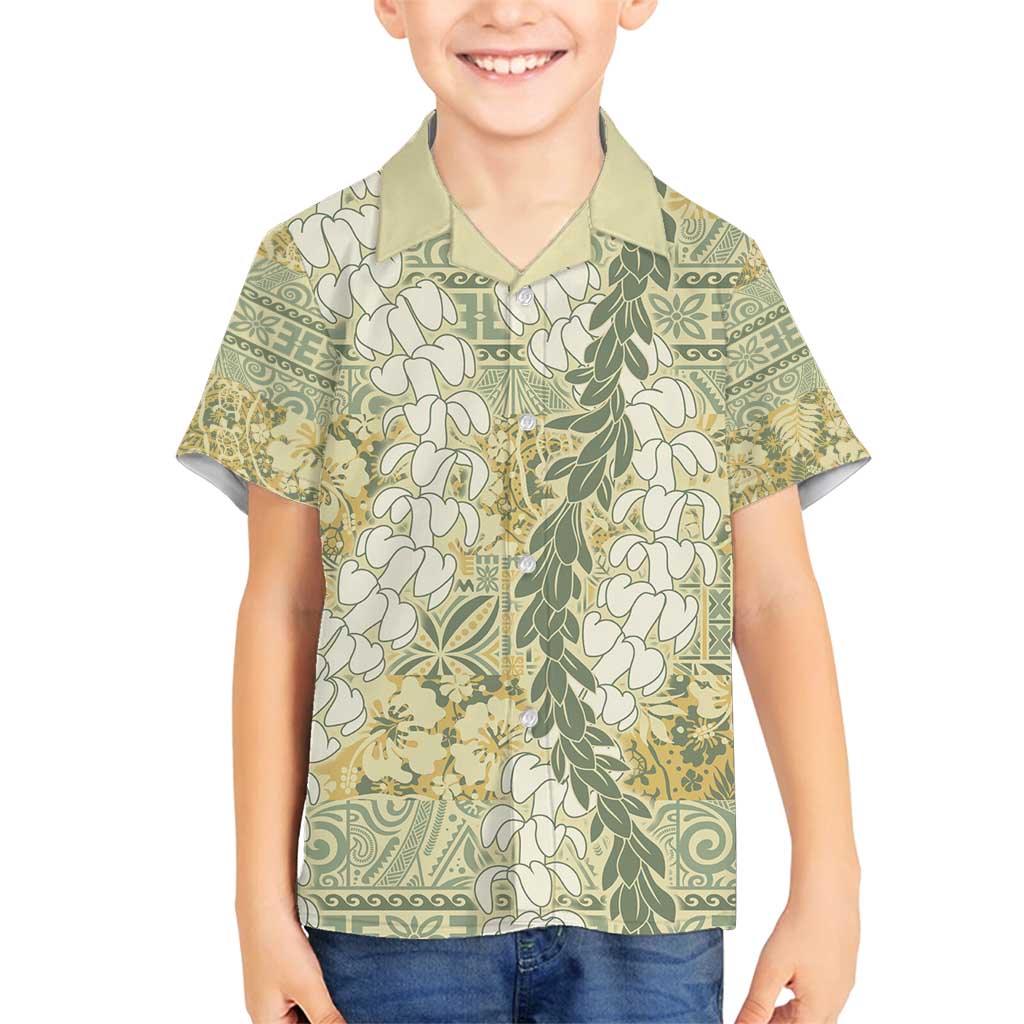 Vintage Puakenikeni and Maile Lei Family Matching Off Shoulder Short Dress and Hawaiian Shirt Hawaiian Style Tribal Tapa Double Strand Lei