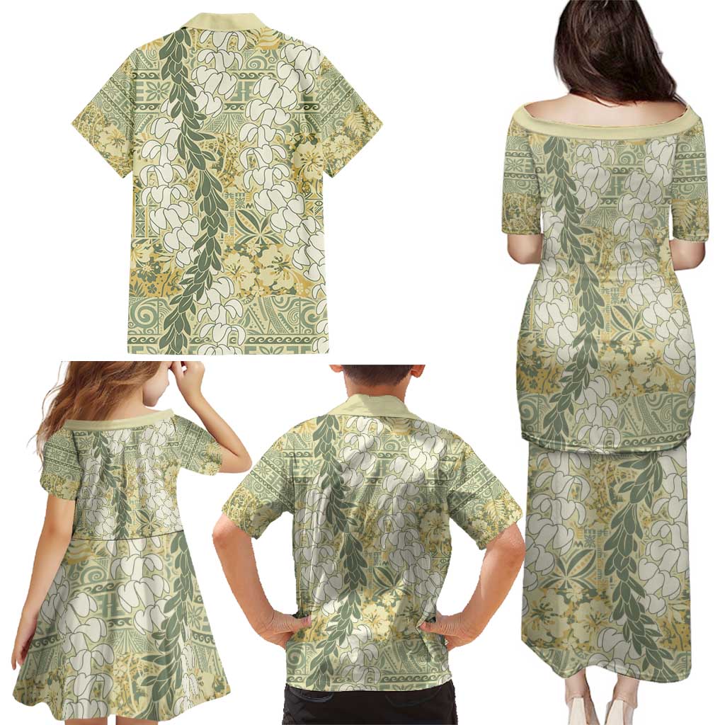 Vintage Puakenikeni and Maile Lei Family Matching Puletasi and Hawaiian Shirt Hawaiian Style Tribal Tapa Double Strand Lei