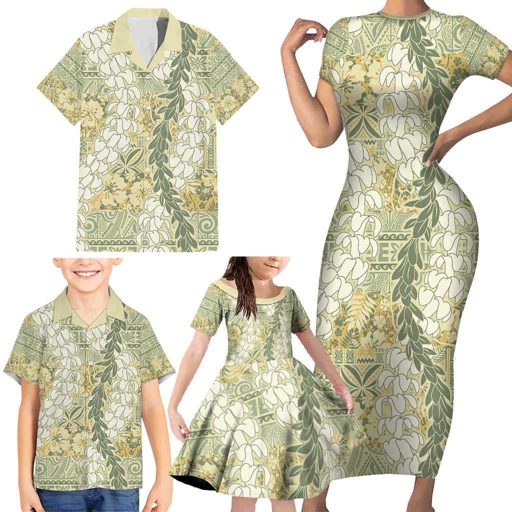 Vintage Puakenikeni and Maile Lei Family Matching Short Sleeve Bodycon Dress and Hawaiian Shirt Hawaiian Style Tribal Tapa Double Strand Lei