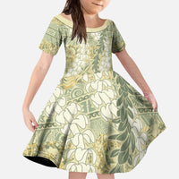 Vintage Puakenikeni and Maile Lei Kid Short Sleeve Dress Hawaiian Style Tribal Tapa Double Strand Lei