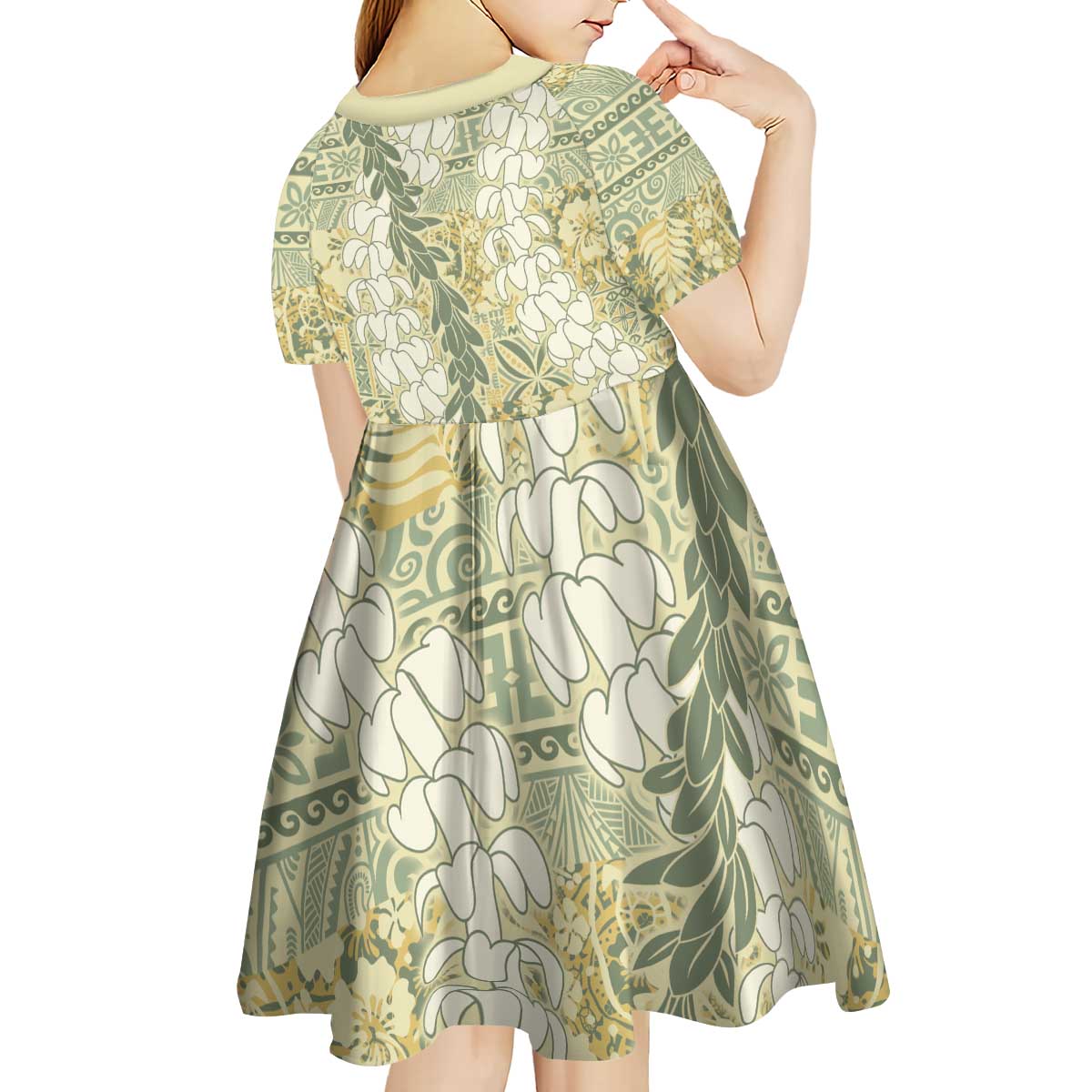 Vintage Puakenikeni and Maile Lei Kid Short Sleeve Dress Hawaiian Style Tribal Tapa Double Strand Lei