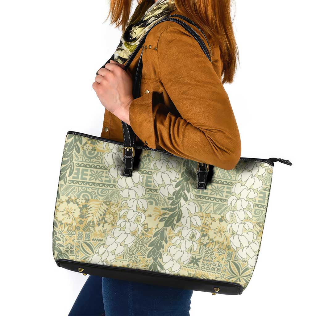 Vintage Puakenikeni and Maile Lei Leather Tote Bag Hawaiian Style Tribal Tapa Double Strand Lei