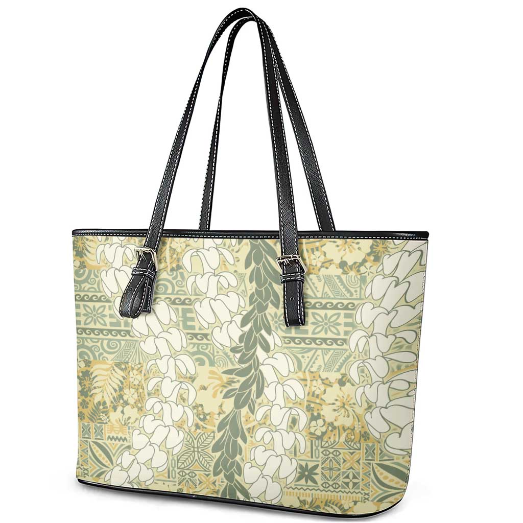 Vintage Puakenikeni and Maile Lei Leather Tote Bag Hawaiian Style Tribal Tapa Double Strand Lei LT9 - Polynesian Pride