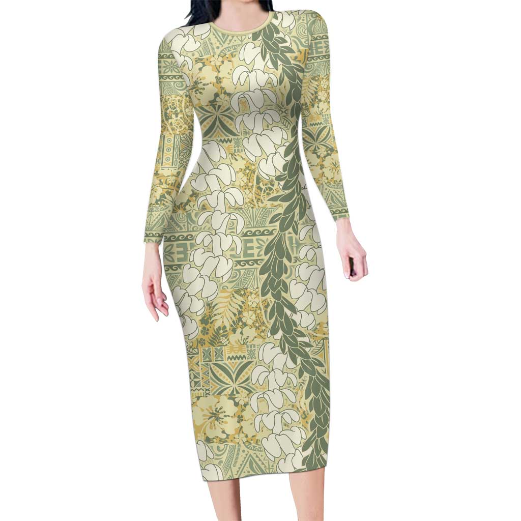 Vintage Puakenikeni and Maile Lei Long Sleeve Bodycon Dress Hawaiian Style Tribal Tapa Double Strand Lei