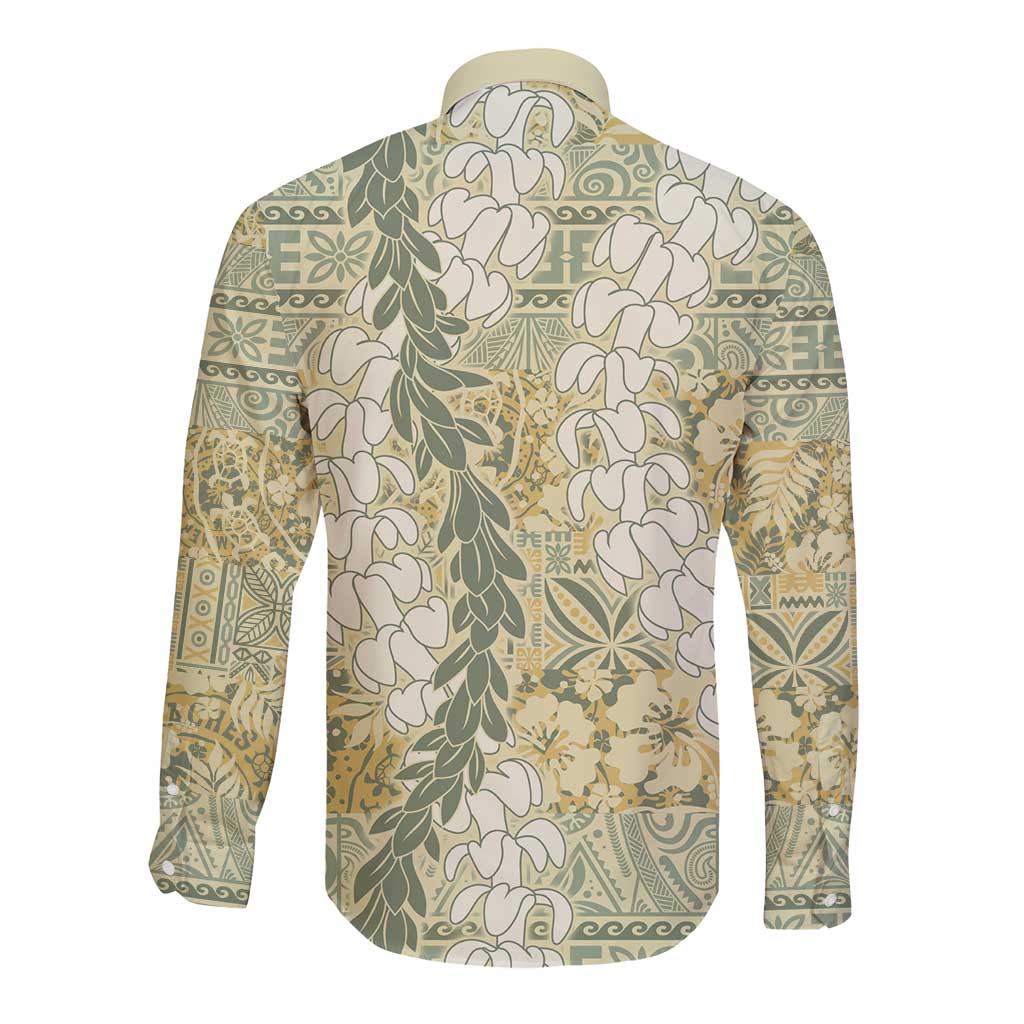 Vintage Puakenikeni and Maile Lei Long Sleeve Button Shirt Hawaiian Style Tribal Tapa Double Strand Lei