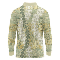 Vintage Puakenikeni and Maile Lei Long Sleeve Polo Shirt Hawaiian Style Tribal Tapa Double Strand Lei