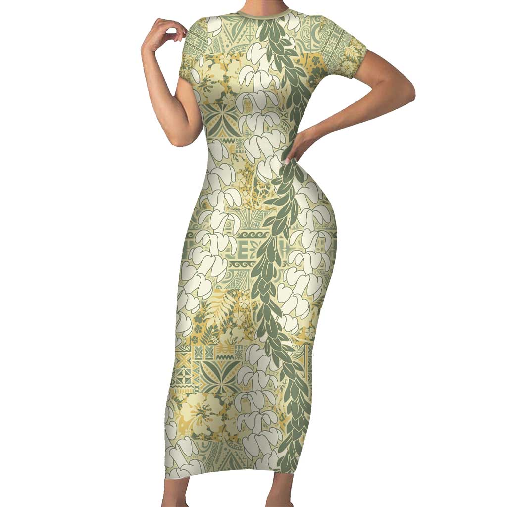Vintage Puakenikeni and Maile Lei Short Sleeve Bodycon Dress Hawaiian Style Tribal Tapa Double Strand Lei