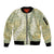 Vintage Puakenikeni and Maile Lei Sleeve Zip Bomber Jacket Hawaiian Style Tribal Tapa Double Strand Lei