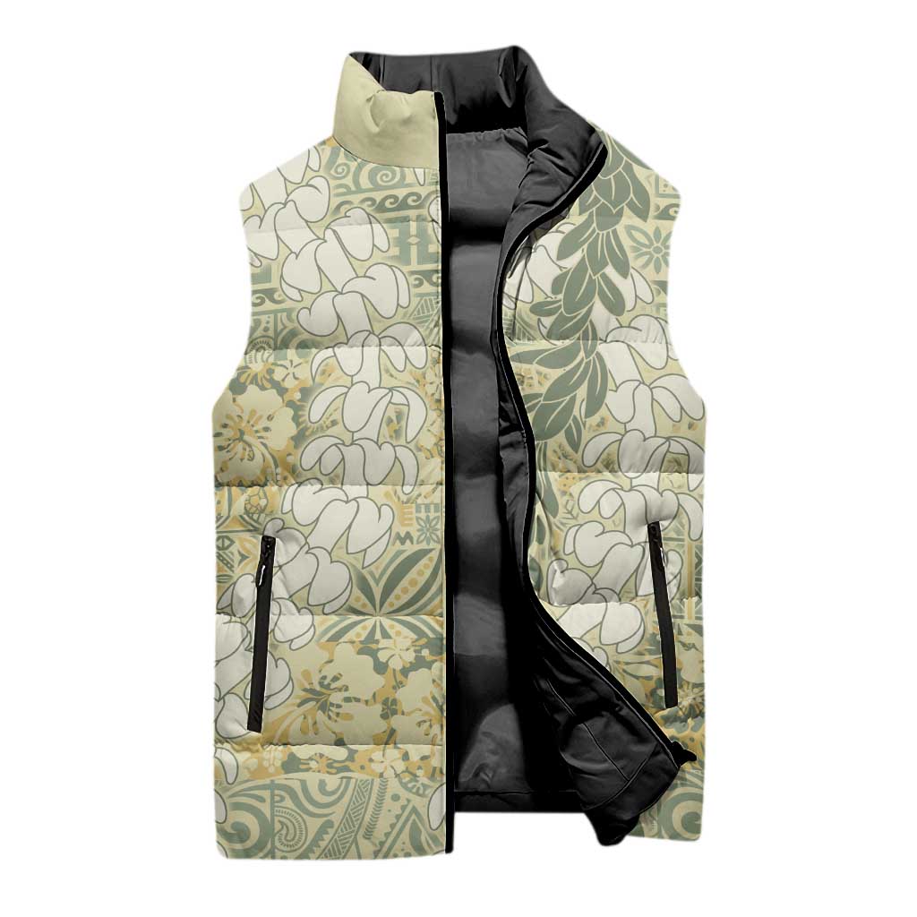 Vintage Puakenikeni and Maile Lei Sleeveless Puffer Jacket Hawaiian Style Tribal Tapa Double Strand Lei - Polynesian Pride