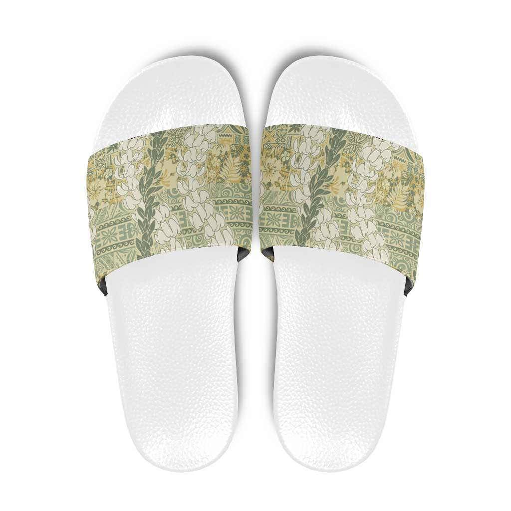 Vintage Puakenikeni and Maile Lei Slide Sandals Hawaiian Style Tribal Tapa Double Strand Lei - Polynesian Pride