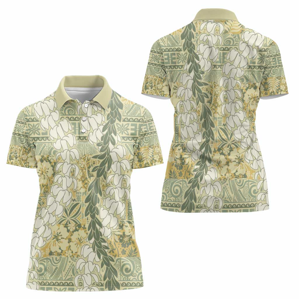 Vintage Puakenikeni and Maile Lei Women Polo Shirt Hawaiian Style Tribal Tapa Double Strand Lei