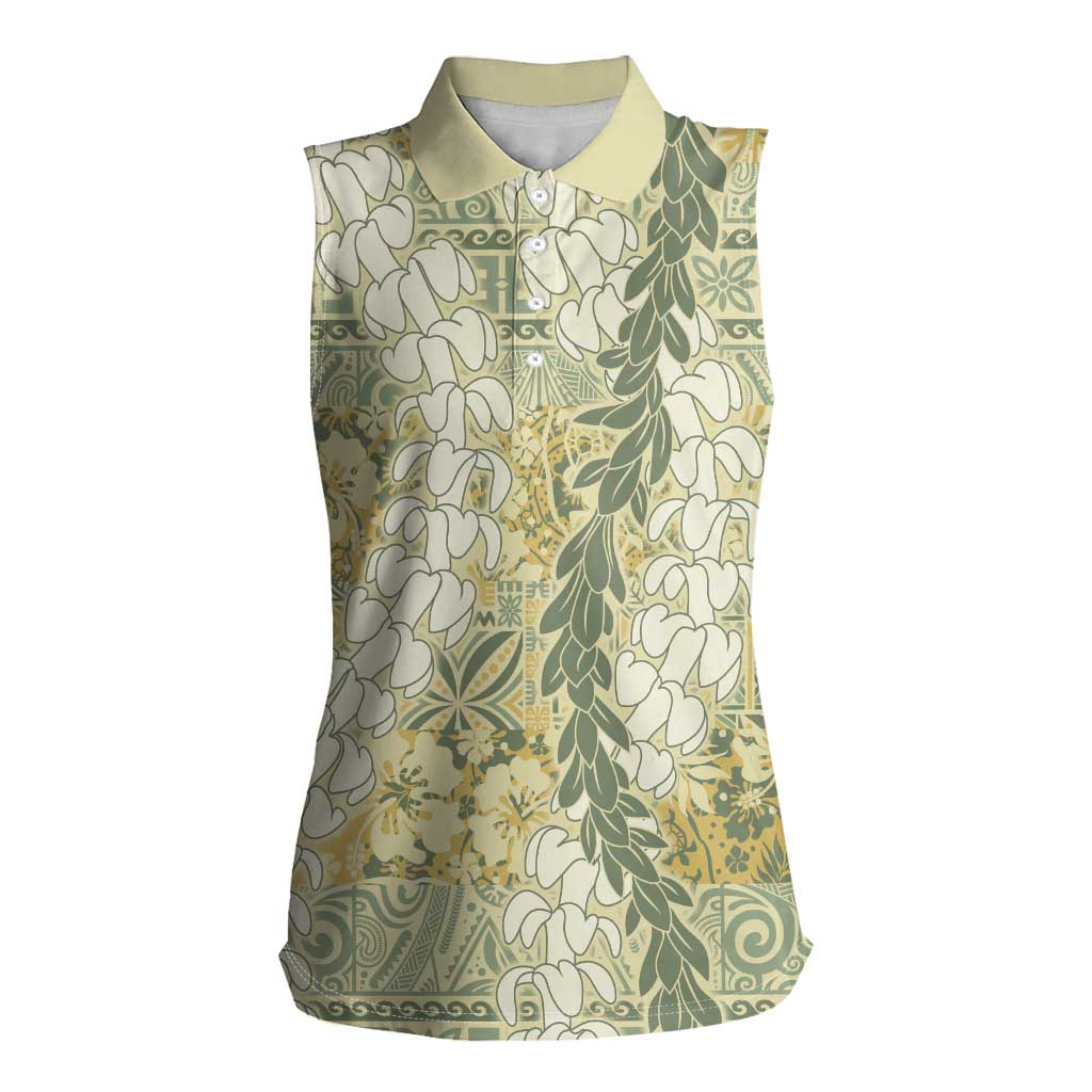 Vintage Puakenikeni and Maile Lei Women Sleeveless Polo Shirt Hawaiian Style Tribal Tapa Double Strand Lei