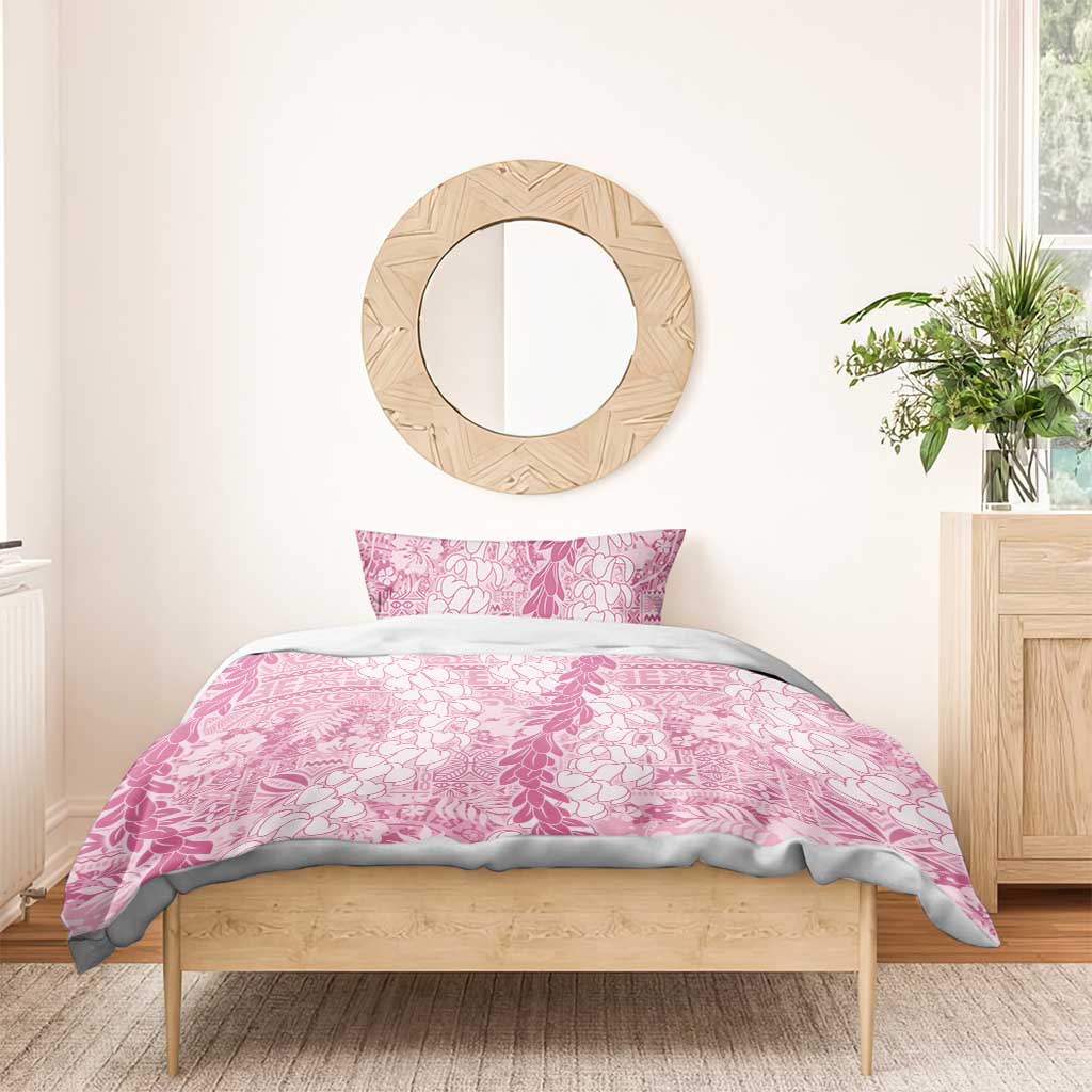 Pink Puakenikeni and Maile Lei Bedding Set Hawaiian Style Tribal Tapa Double Strand Lei