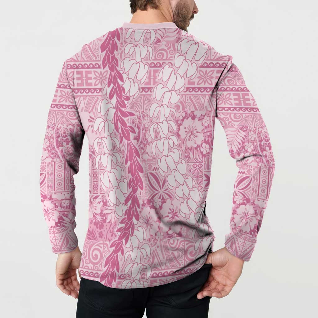 Pink Puakenikeni and Maile Lei Button Sweatshirt Hawaiian Style Tribal Tapa Double Strand Lei