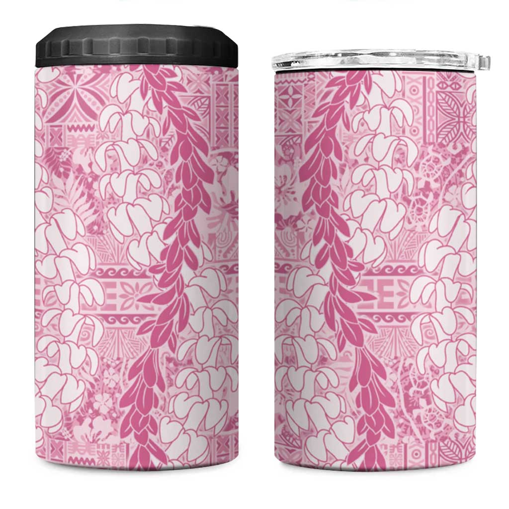 Pink Puakenikeni and Maile Lei 4 in 1 Can Cooler Tumbler Hawaiian Style Tribal Tapa Double Strand Lei
