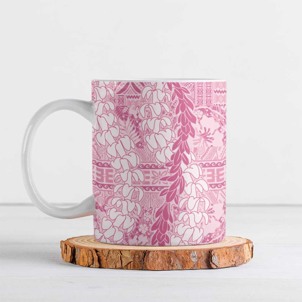 Pink Puakenikeni and Maile Lei Ceramic Mug Hawaiian Style Tribal Tapa Double Strand Lei - Polynesian Pride