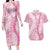Pink Puakenikeni and Maile Lei Couples Matching Long Sleeve Bodycon Dress and Hawaiian Shirt Hawaiian Style Tribal Tapa Double Strand Lei