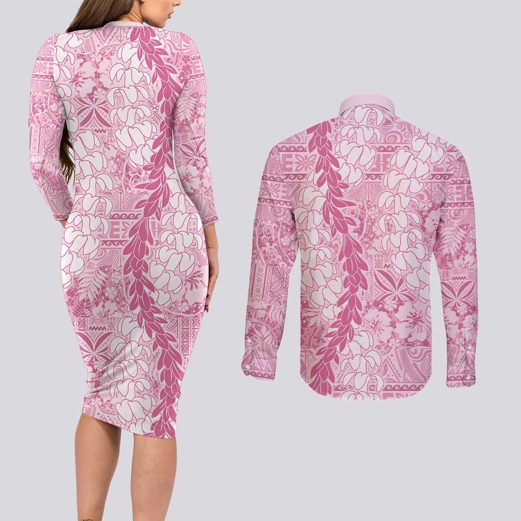Pink Puakenikeni and Maile Lei Couples Matching Long Sleeve Bodycon Dress and Long Sleeve Button Shirt Hawaiian Style Tribal Tapa Double Strand Lei LT9 - Polynesian Pride